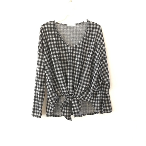 Gingham Long Sleeve Waist Knot Tie Tunic Top Black - Picture 4 of 7